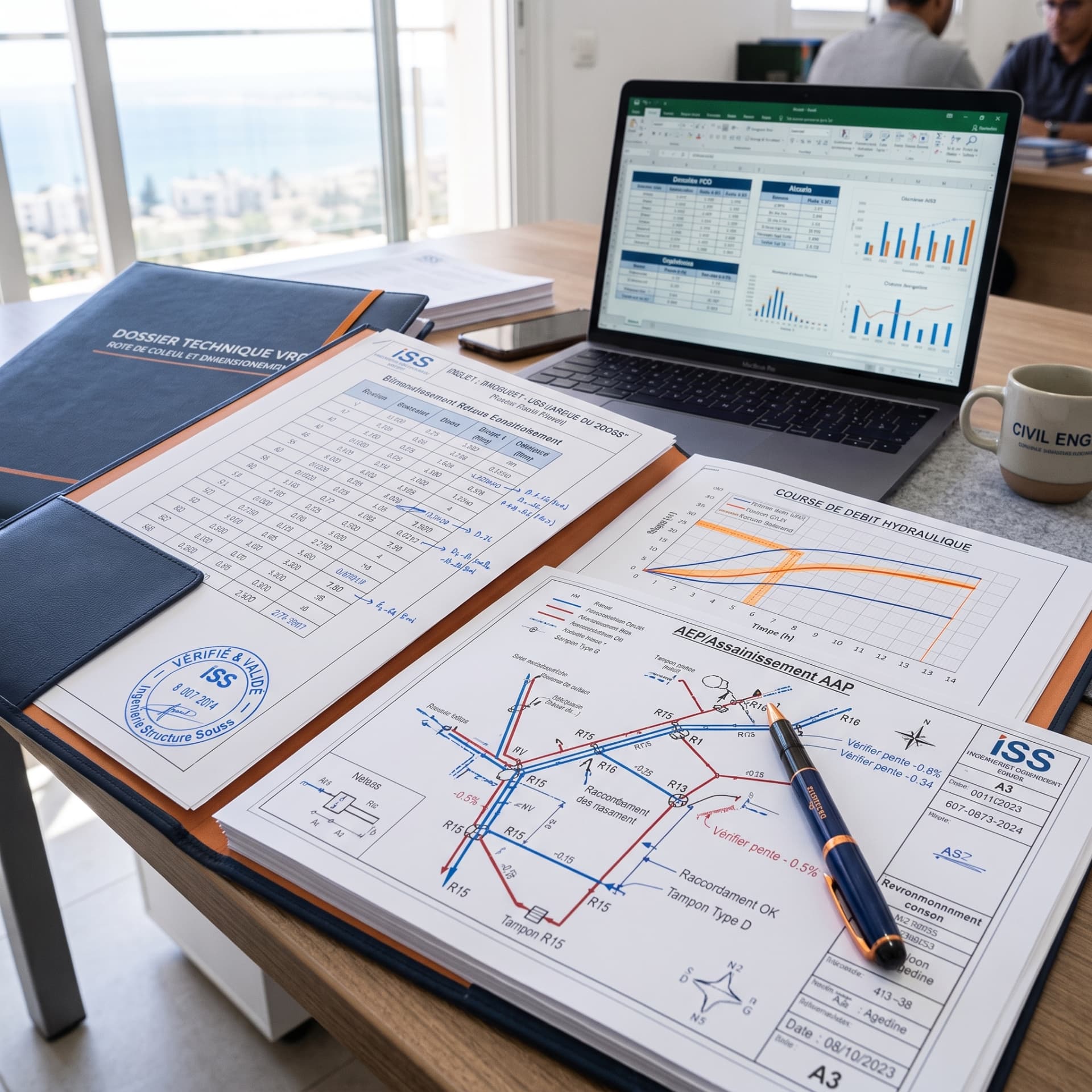 Dossier technique de note de calcul VRD avec plans AEP et assainissement sur un bureau d'ingénieur
