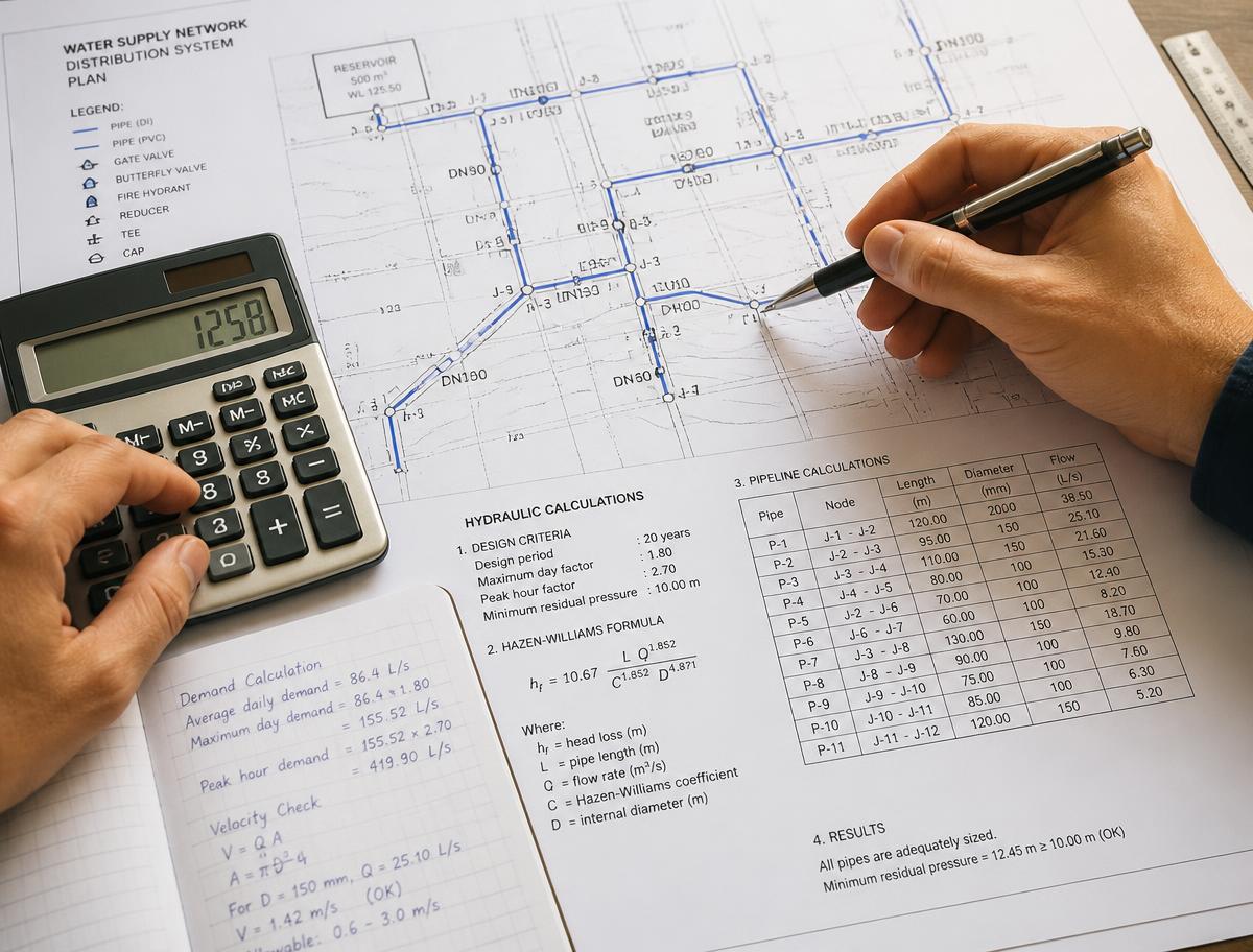 Calculs hydrauliques sur plan de réseau d'eau potable